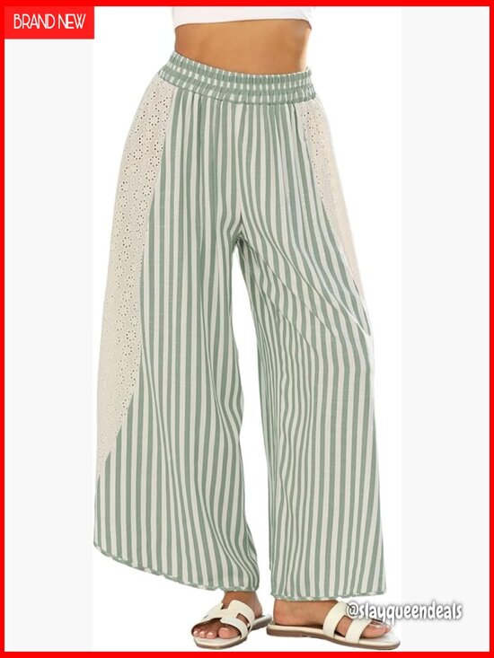 Pants - Striped Wide Leg Lounge Pants - Elastic Waist Palazzo Trousers